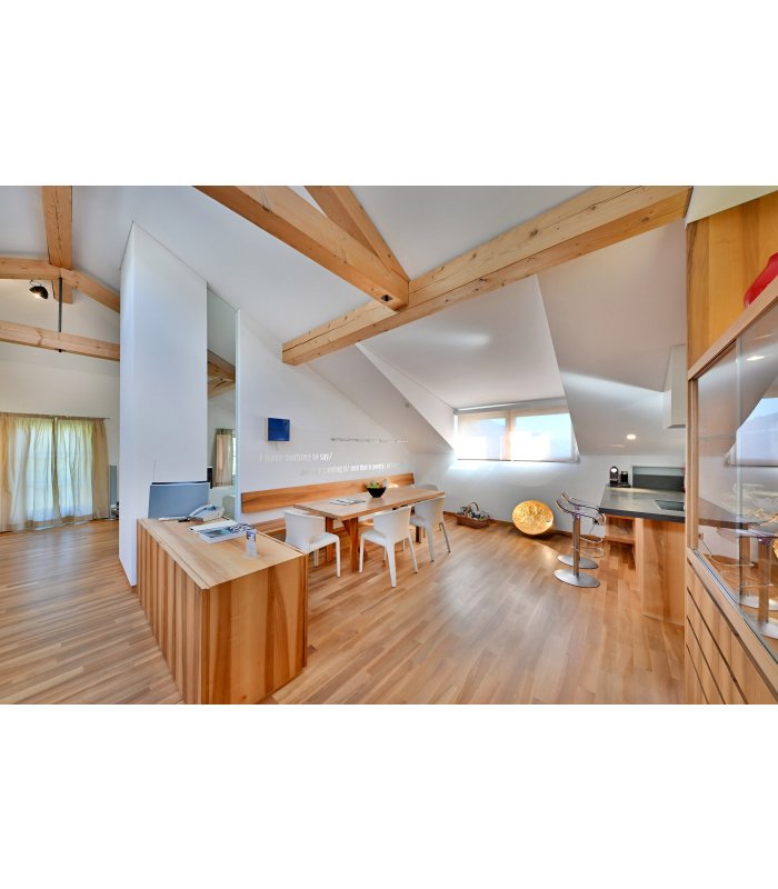 Open Space Apartment mit Küchentisch in Nussholz
