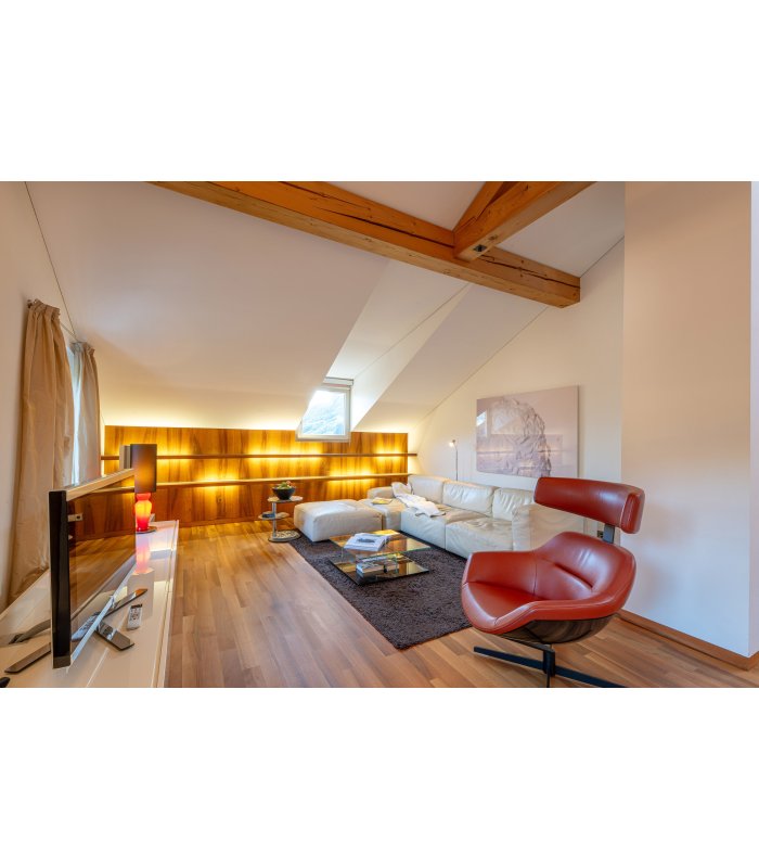 Wohnzimmer mit großer Couch und Ledersessel