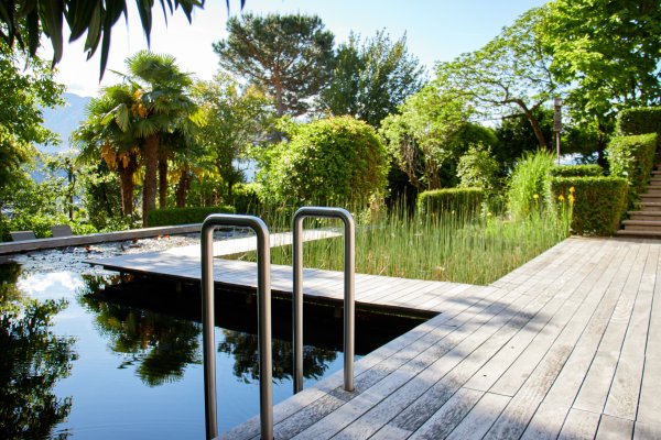 Naturbadeteich mit Seerosen und Steg